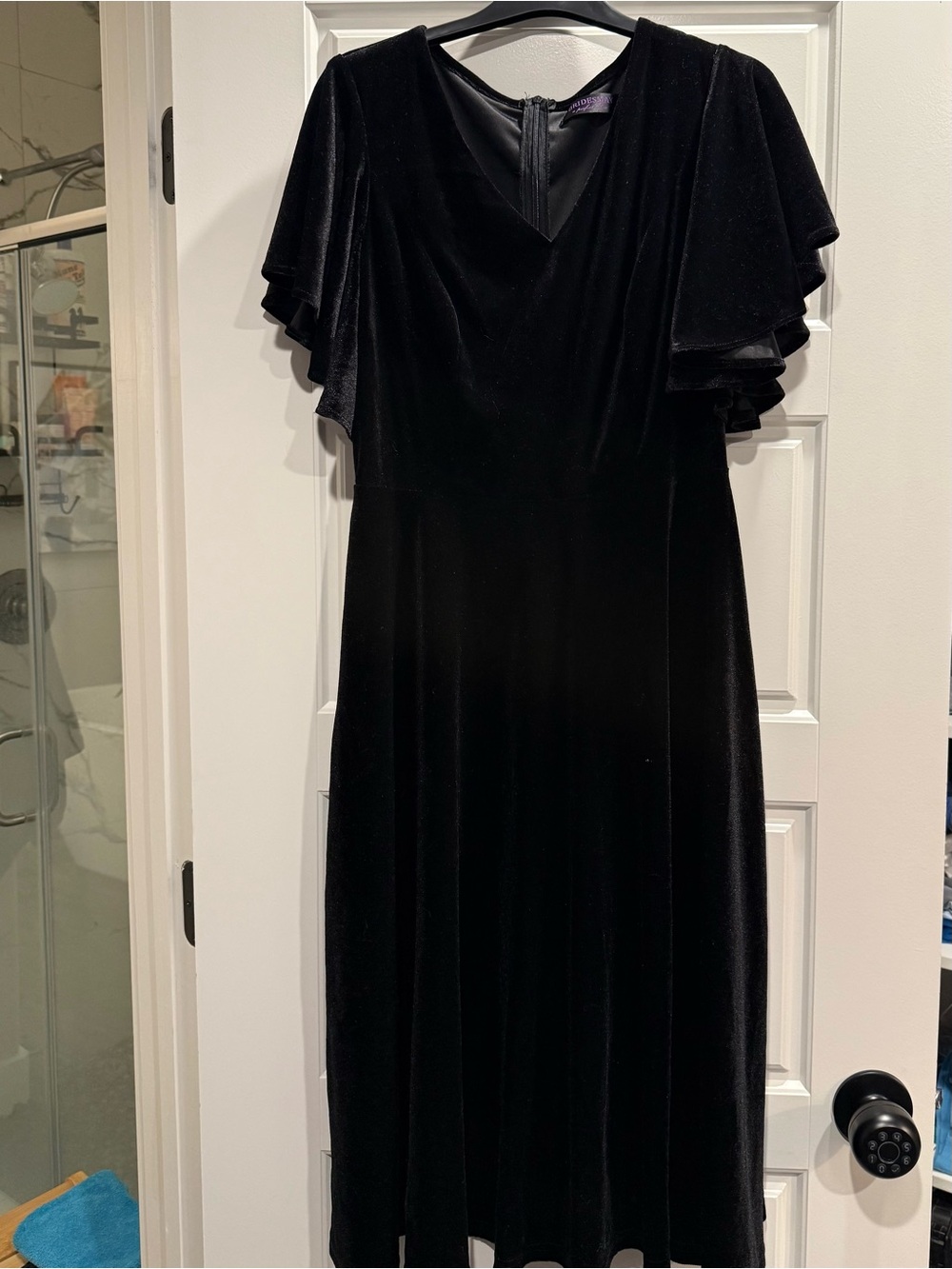 Black Velvet Midi Dress with Flutter Sleeves